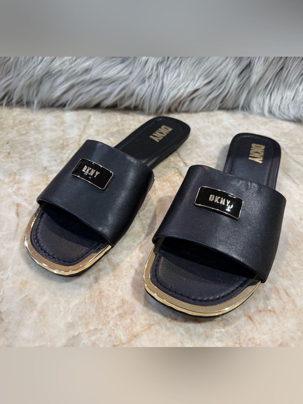 DKNY Black Slide Mules with Gold Accents